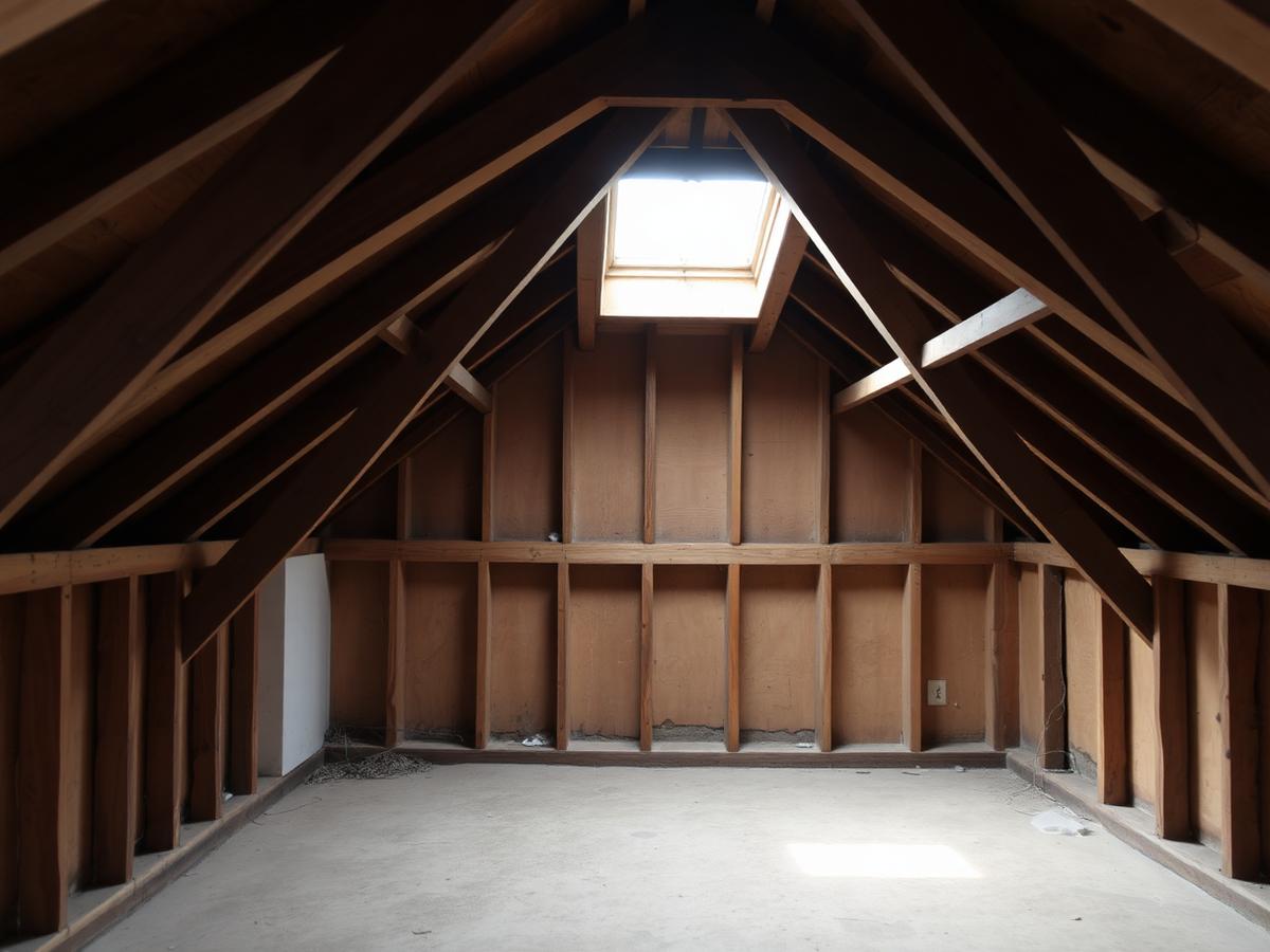 Unconverted roof space with timber trusses and low head height